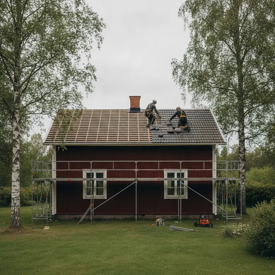 Två takläggare lägger nya betongpannor på taket till ett rött trähus med byggställning